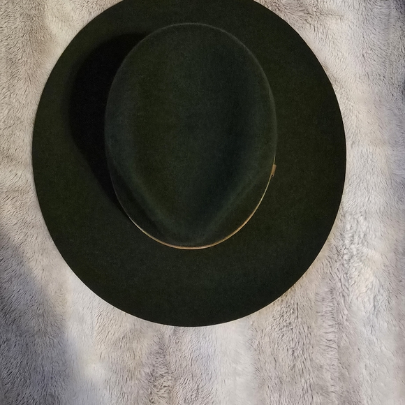 WYETH Hunter Green Wide-Brim Fedora Hat with Brown Leather Band - Picture 4 of 5